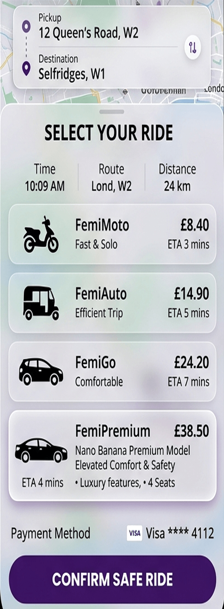 Femi Rides booking interface preview.